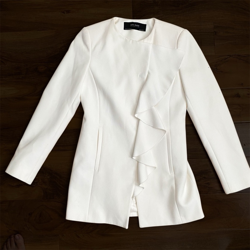ZARA Off White Ruffle Collarless Blazer Coat Old Money Jacket Holidays Modern XS - Picture 9 of 12